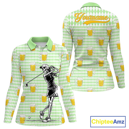 Funny Skull Golf Polo Shirts Beer Green Argyle Pattern Custom Name Skull Playing Golf Apparel NBT630