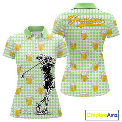 Funny Skull Golf Polo Shirts Beer Green Argyle Pattern Custom Name Skull Playing Golf Apparel NBT630