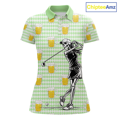 Funny Skull Golf Polo Shirts Beer Green Argyle Pattern Custom Name Skull Playing Golf Apparel NBT630