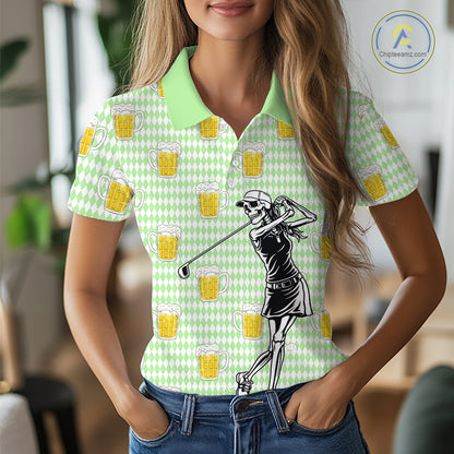 Funny Skull Golf Polo Shirts Beer Green Argyle Pattern Custom Name Skull Playing Golf Apparel NBT630