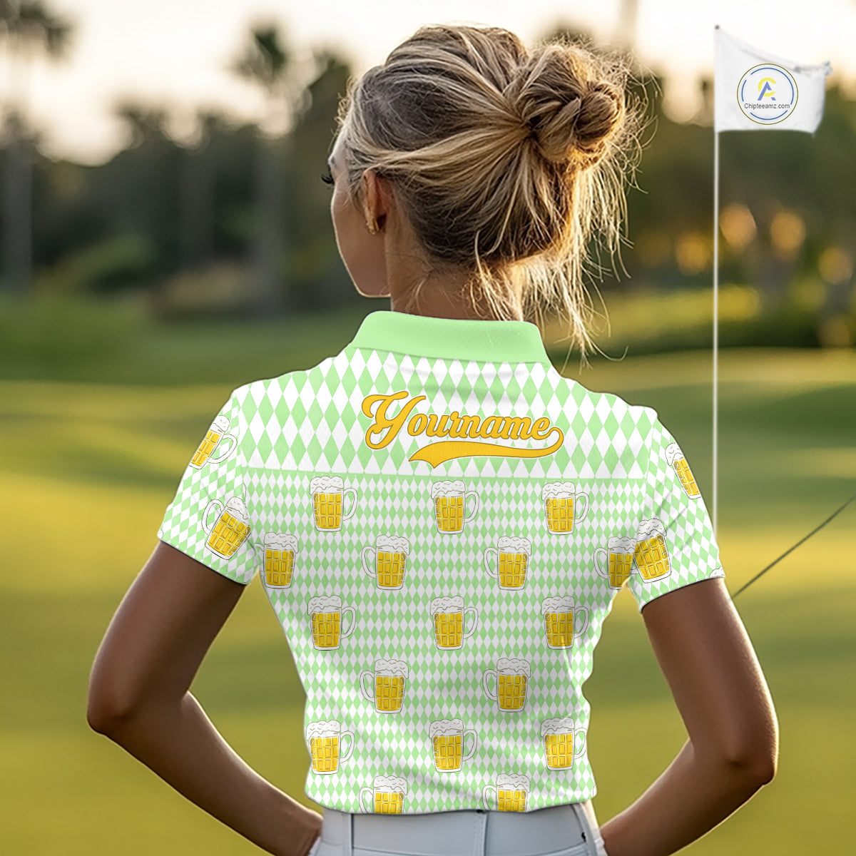 Funny Skull Golf Polo Shirts Beer Green Argyle Pattern Custom Name Skull Playing Golf Apparel NBT630