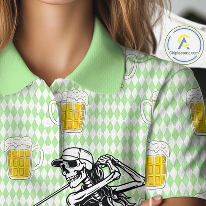 Funny Skull Golf Polo Shirts Beer Green Argyle Pattern Custom Name Skull Playing Golf Apparel NBT630