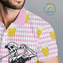 Load image into Gallery viewer, Funny Skull Golf Polo Shirts Beer Pink Argyle Pattern Custom Name Skull Playing Golf Apparel NBT631