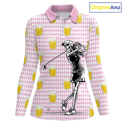 Funny Skull Golf Polo Shirts Beer Pink Argyle Pattern Custom Name Skull Playing Golf Apparel NBT631