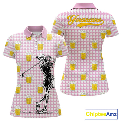 Funny Skull Golf Polo Shirts Beer Pink Argyle Pattern Custom Name Skull Playing Golf Apparel NBT631