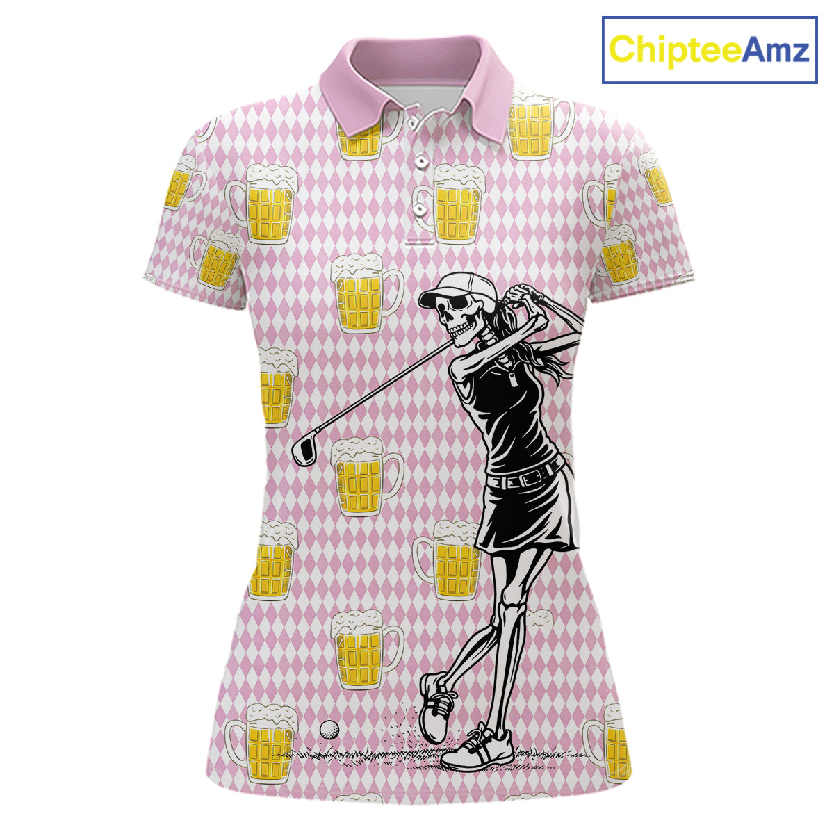 Funny Skull Golf Polo Shirts Beer Pink Argyle Pattern Custom Name Skull Playing Golf Apparel NBT631