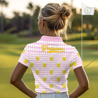 Funny Skull Golf Polo Shirts Beer Pink Argyle Pattern Custom Name Skull Playing Golf Apparel NBT631