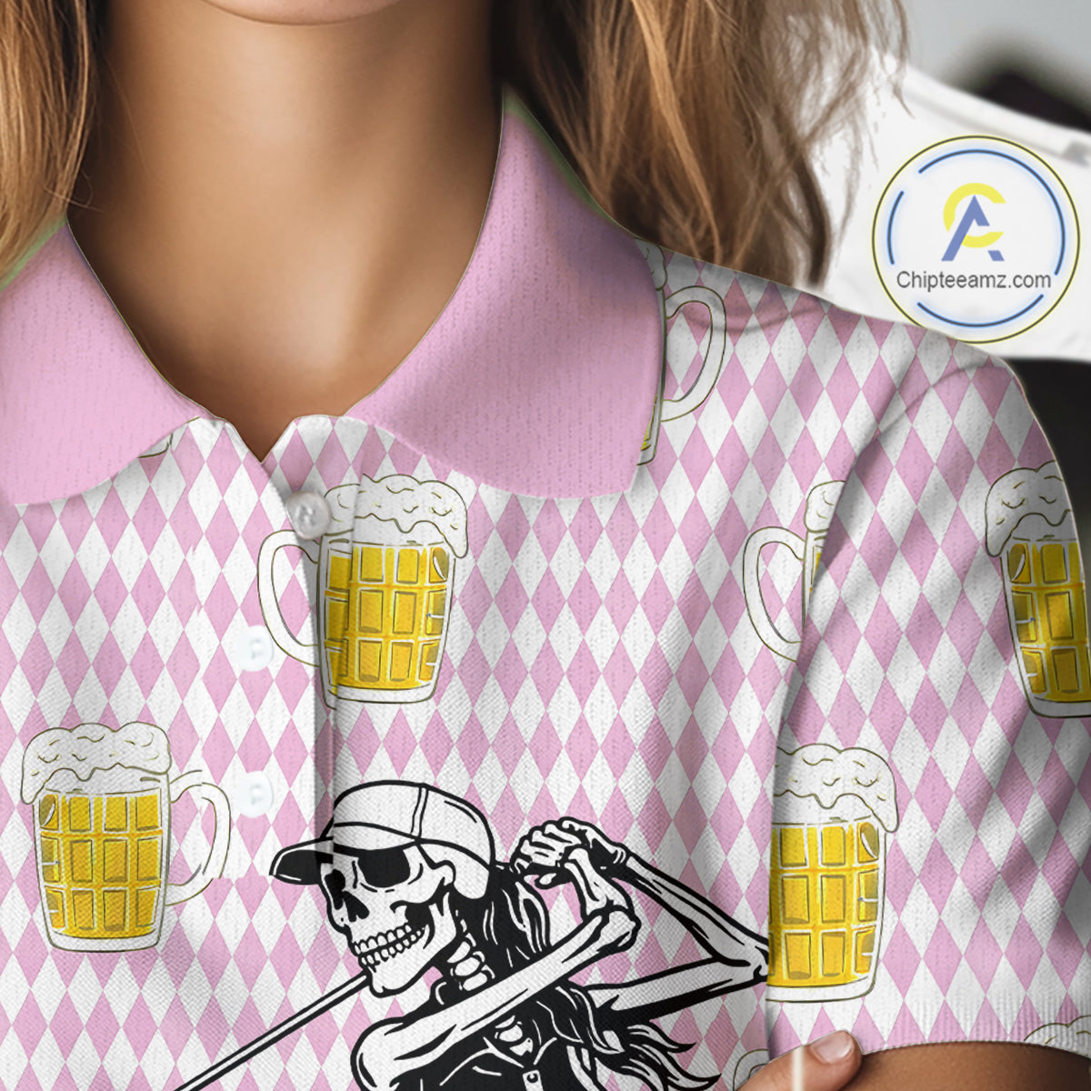 Funny Skull Golf Polo Shirts Beer Pink Argyle Pattern Custom Name Skull Playing Golf Apparel NBT631
