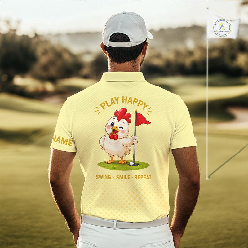 Personalized Funny Chicken Golf Polo Shirt for Men Play Happy Swing Smile Repeat