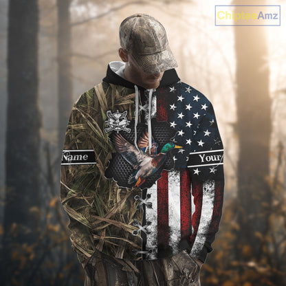 Mallard Duck Hunting Waterfowl Camo with US Flag Custom Name Hunting Gift NHT154