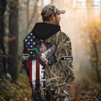 Mallard Duck Hunting Waterfowl Camo with US Flag Custom Name Hunting Gift NHT154