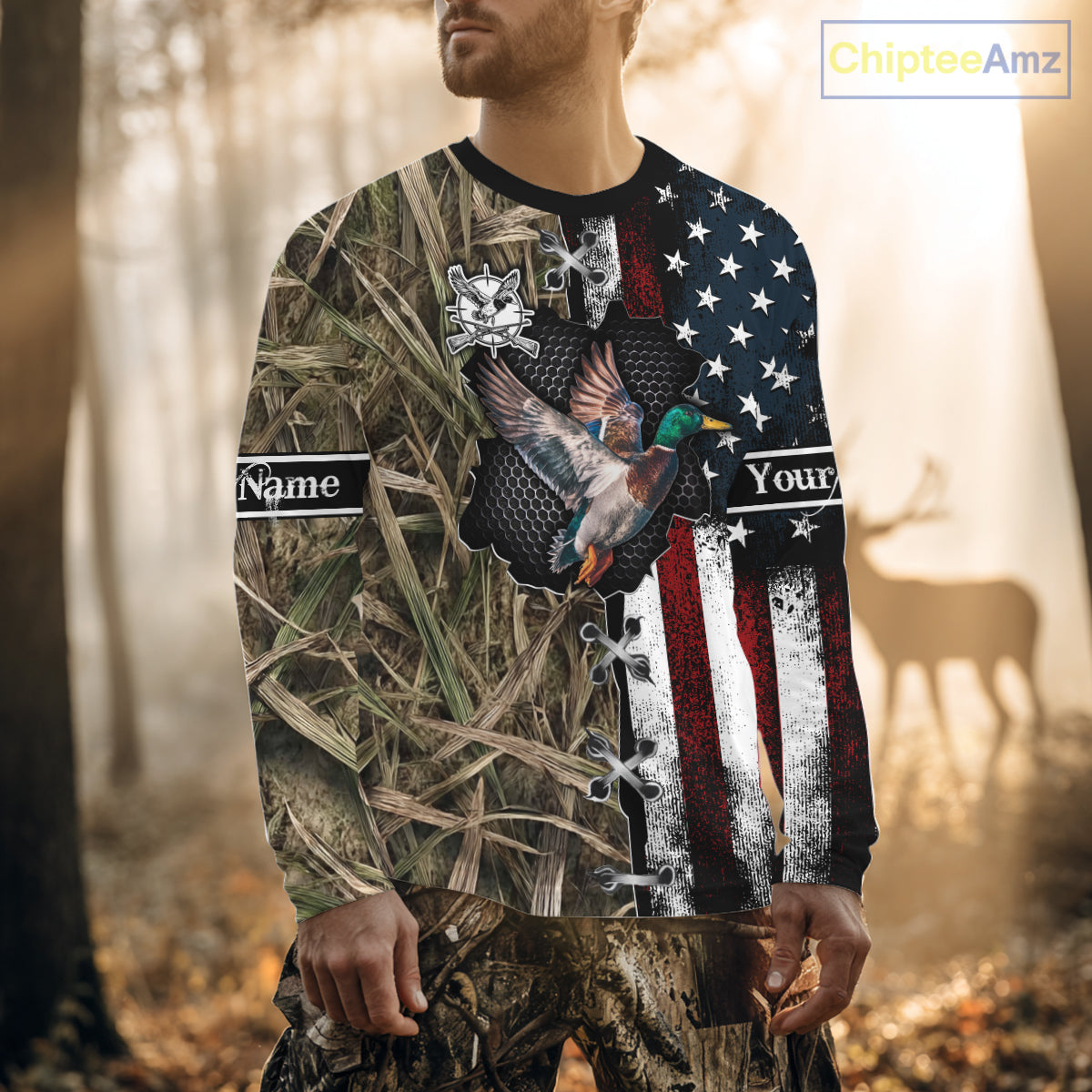 Mallard Duck Hunting Waterfowl Camo with US Flag Custom Name Hunting Gift NHT154