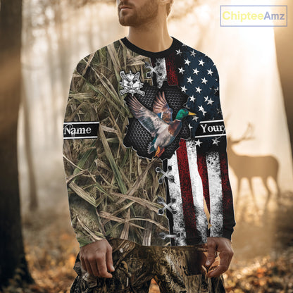 Mallard Duck Hunting Waterfowl Camo with US Flag Custom Name Hunting Gift NHT154