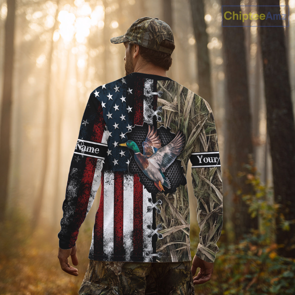 Mallard Duck Hunting Waterfowl Camo with US Flag Custom Name Hunting Gift NHT154