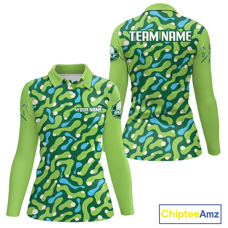 Custom Green Camo Pattern Womens Long Sleeve Golf Polo Shirt Personalized Team Golf Uniform 