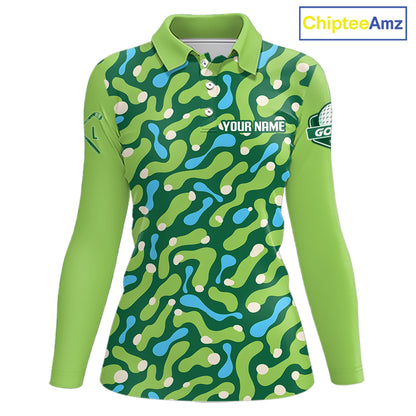 Custom Green Camo Pattern Womens Long Sleeve Golf Polo Shirt Personalized Team Golf Uniform 