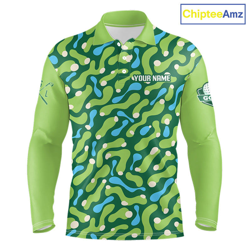 Custom Green Camo Pattern Long Sleeve Mens Golf Polo Shirt Personalized Team Golf Uniform 