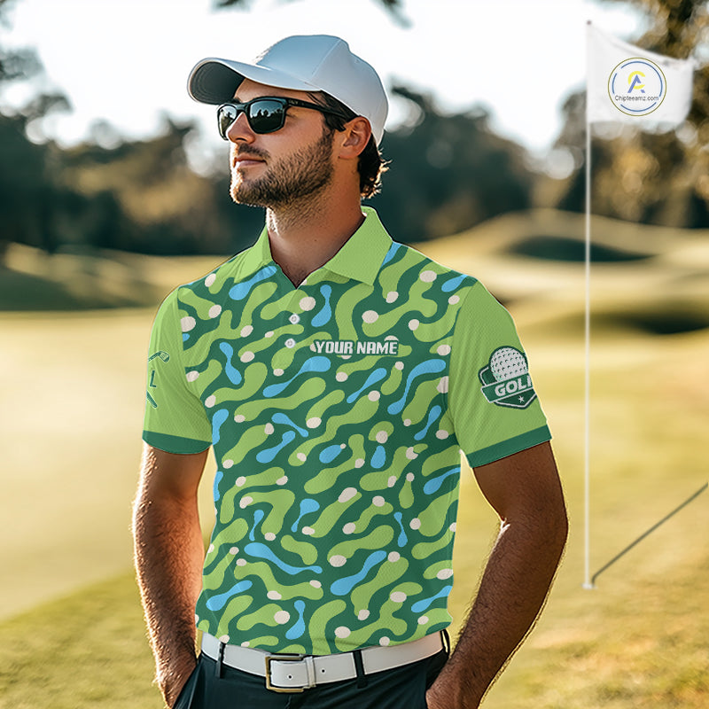 Man wearing a green patterned golf shirt on a golf course