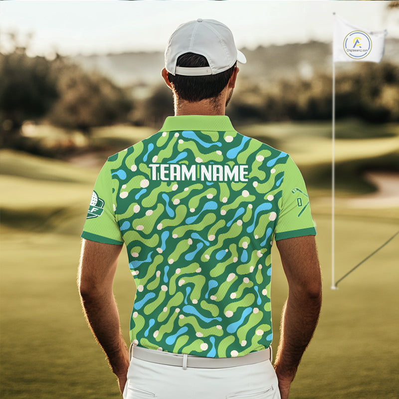 Man wearing a green patterned polo shirt with 'TEAM NAME' on a golf course