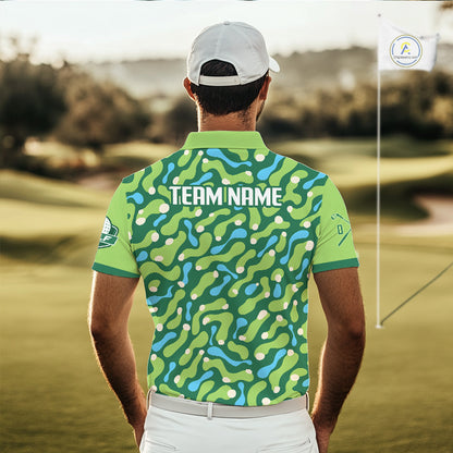 Man wearing a green patterned polo shirt with 'TEAM NAME' on a golf course