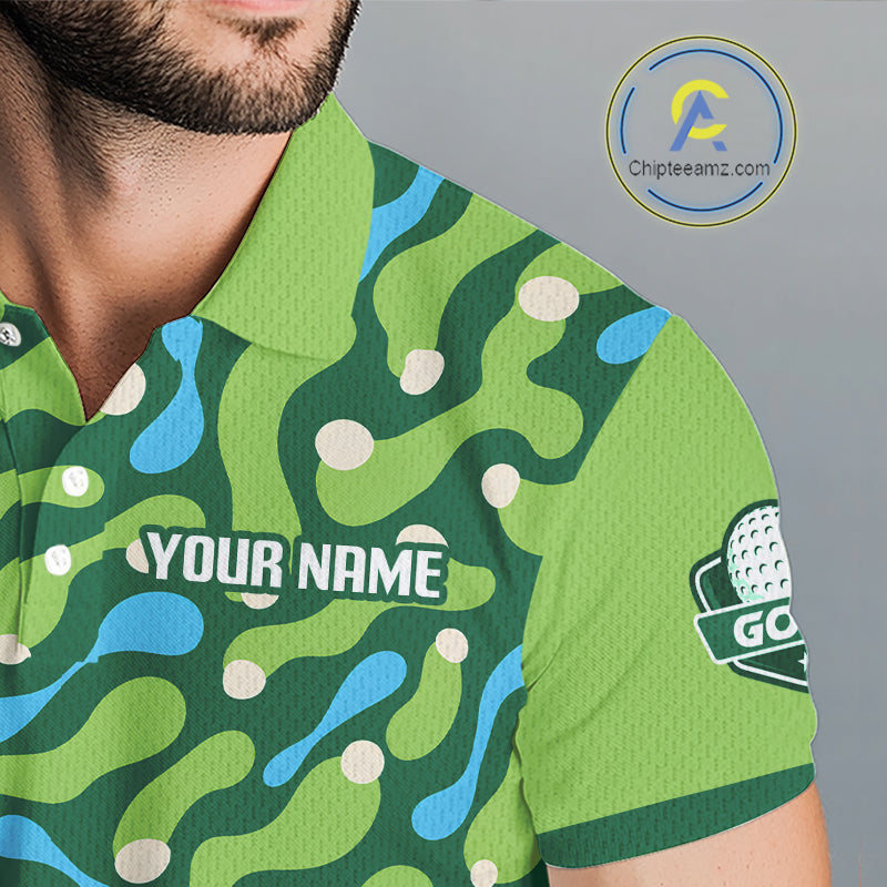 Green camouflage-patterned shirt with branding on a gray background