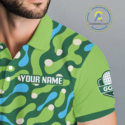 Green camouflage-patterned shirt with branding on a gray background