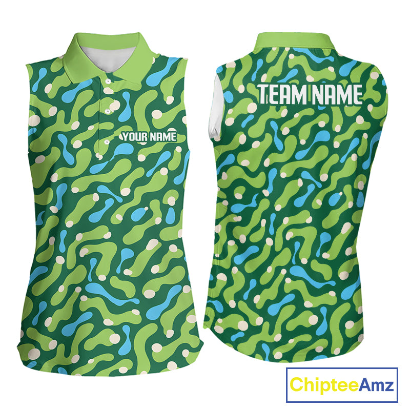 Custom Green Camo Pattern Womens Sleeveless Golf Polo Shirt Personalized Team Golf Uniform 