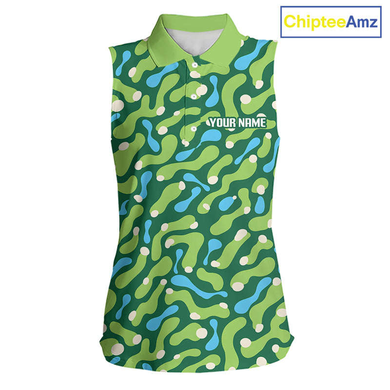 Custom Green Camo Pattern Womens Sleeveless Golf Polo Shirt Personalized Team Golf Uniform 