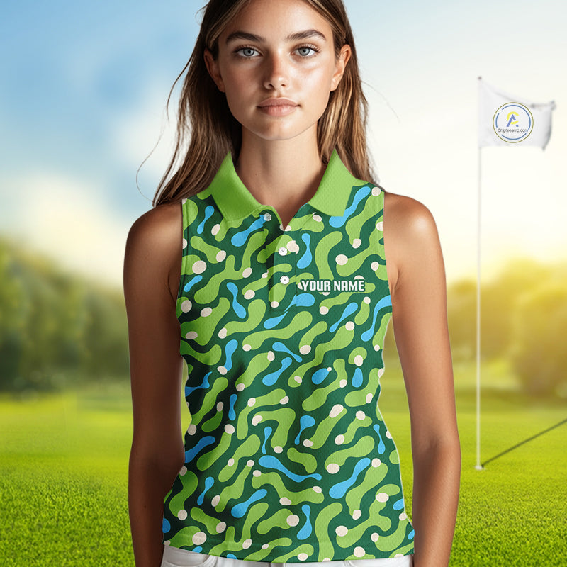 Woman wearing a green patterned sleeveless shirt on a golf course with a flag in the background.