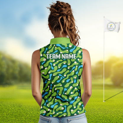 Woman wearing a green patterned sleeveless shirt on a golf course with a flag in the background.