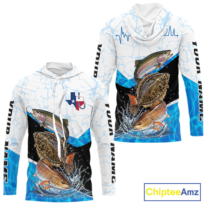 Texas Fishing Shirt Trout Flounder Redfish Long Sleeve Hooded Performance Apparel For Men