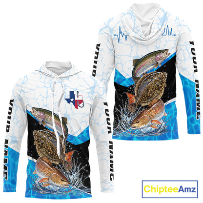 Texas Fishing Shirt Trout Flounder Redfish Long Sleeve Hooded Performance Apparel For Men