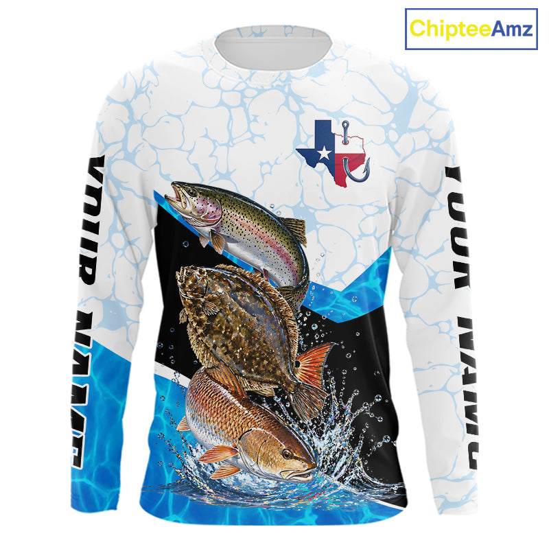 Fishing-themed long-sleeve shirt with fish graphics and a Texas flag design on a white background.