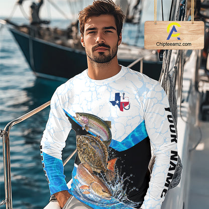 Man wearing a fishing-themed shirt with a boat and water in the background