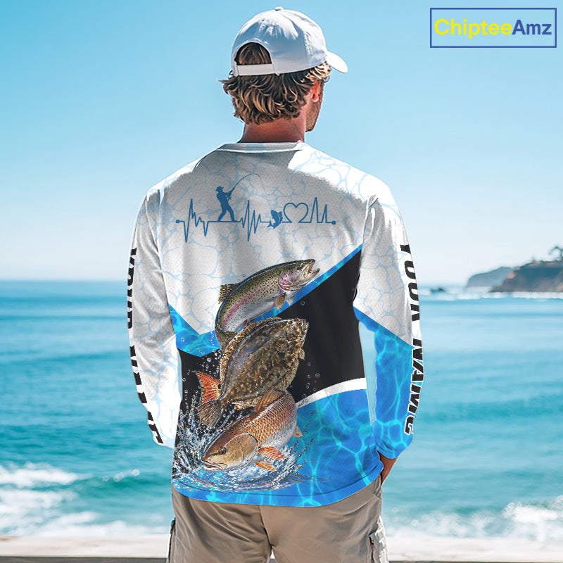 Person wearing a fishing-themed long-sleeve shirt with a scenic ocean background