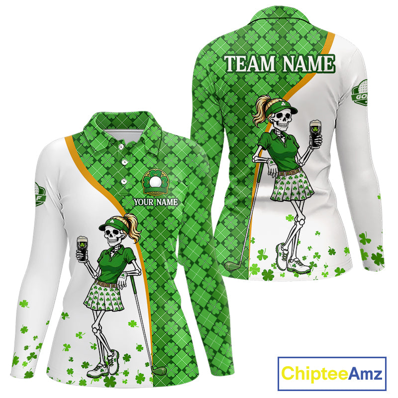 Custom St. Patrick's Day Womens Golf Polo Shirt – Lucky Shamrock Skeleton Golfer Team Uniform 