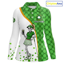 Load image into Gallery viewer, Custom St. Patrick's Day Womens Golf Polo Shirt – Lucky Shamrock Skeleton Golfer Team Uniform 