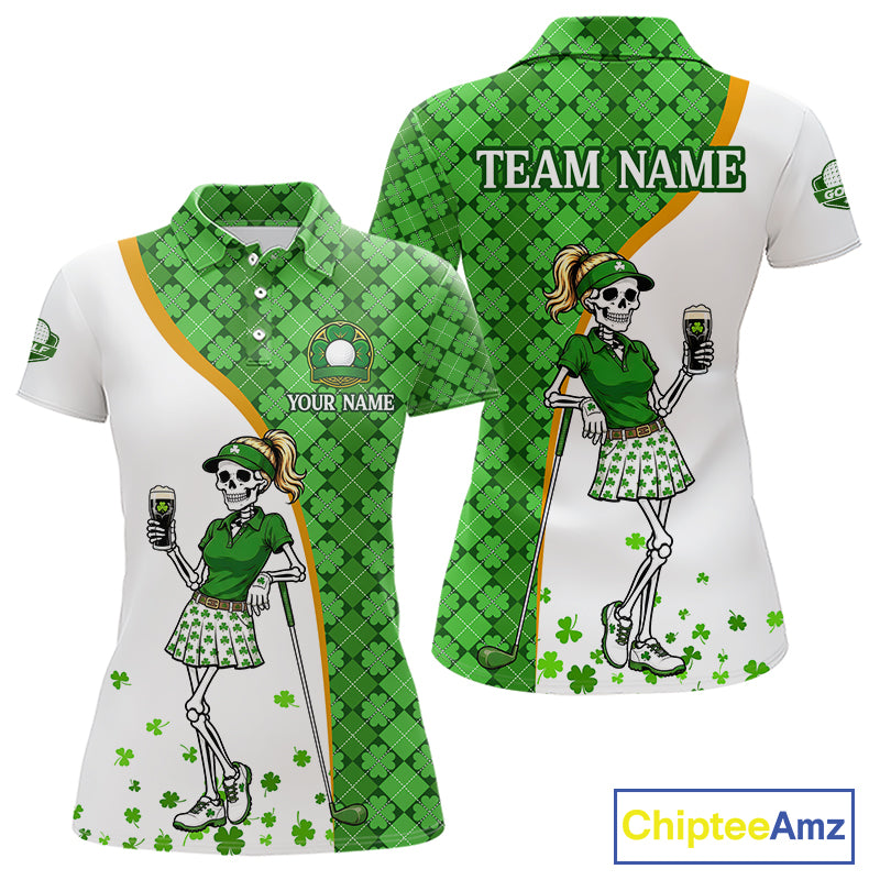 Custom St. Patrick's Day Womens Golf Polo Shirt – Lucky Shamrock Skeleton Golfer Team Uniform 