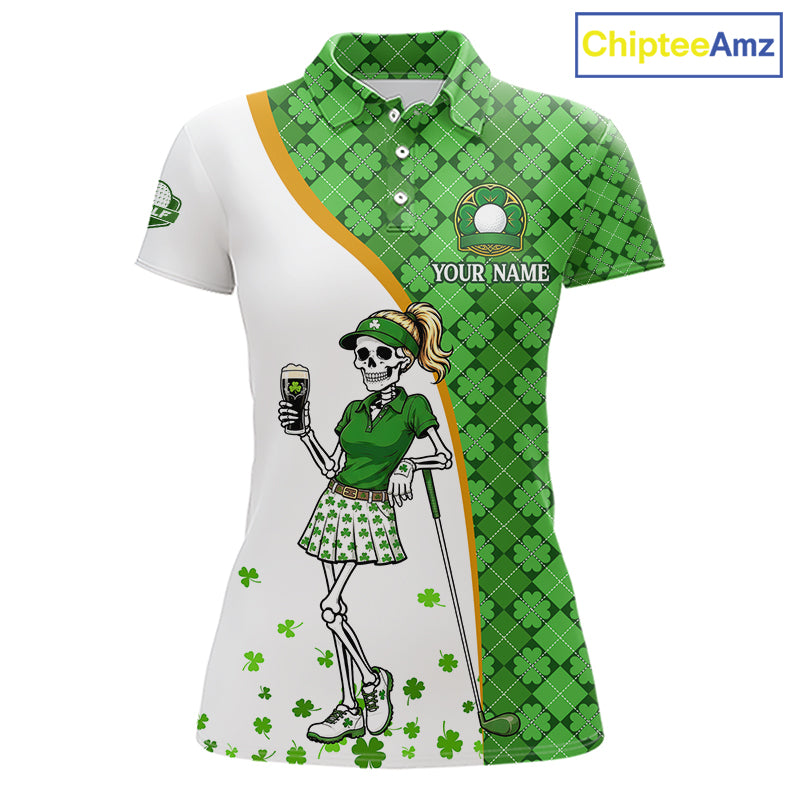 Custom St. Patrick's Day Womens Golf Polo Shirt – Lucky Shamrock Skeleton Golfer Team Uniform 