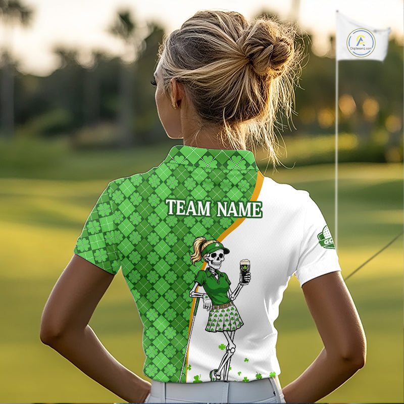 Person wearing a green and white polo shirt with a design and text overlay