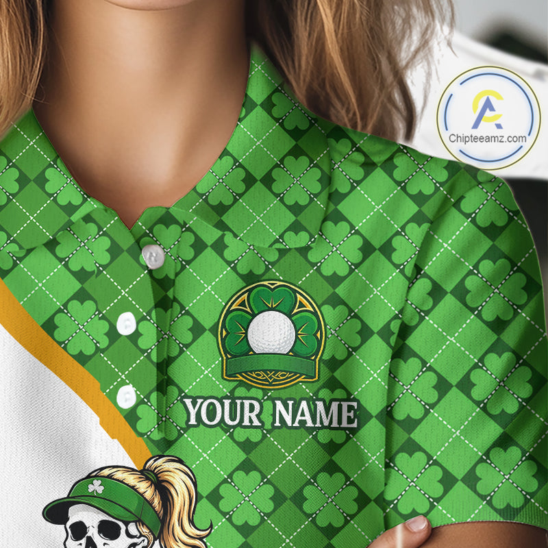 Custom St. Patrick's Day Womens Golf Polo Shirt – Lucky Shamrock Skeleton Golfer Team Uniform NHT1114