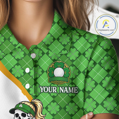 Custom St. Patrick's Day Womens Golf Polo Shirt – Lucky Shamrock Skeleton Golfer Team Uniform NHT1114