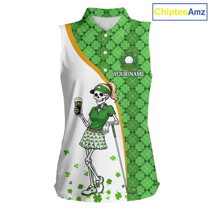 Custom St. Patrick's Day Womens Sleeveless Golf Polo Shirt – Lucky Shamrock Skeleton Golfer Team Uniform 