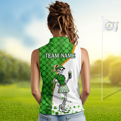 Person wearing a sleeveless shirt with a skeleton design and 'Team Name' text on a golf course.