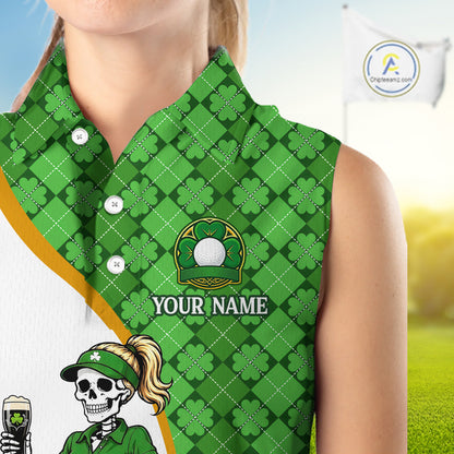 Green patterned shirt with a skull and crossbones design on a blurred golf course background