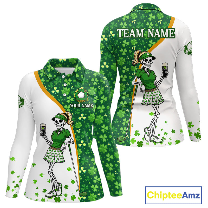 Custom St. Patrick's Day Womens Golf Polo Shirt – Shamrock Skeleton Lady Golfer Personalized Team 