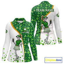 Load image into Gallery viewer, Custom St. Patrick's Day Womens Golf Polo Shirt – Shamrock Skeleton Lady Golfer Personalized Team 