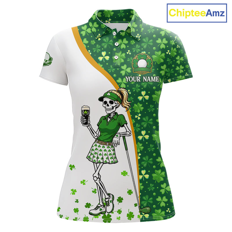 Custom St. Patrick's Day Womens Golf Polo Shirt – Shamrock Skeleton Lady Golfer Personalized Team 