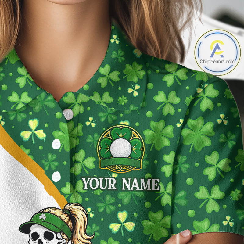Green shirt with shamrock pattern and customizable text, featuring a logo and brand name.