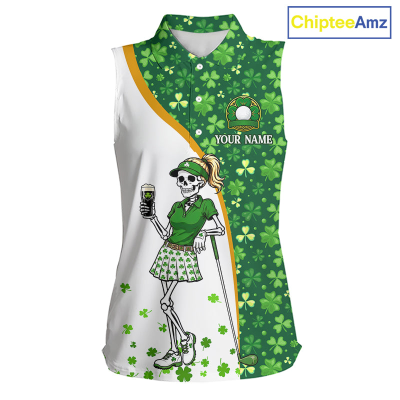 Custom St. Patrick's Day Womens Sleeveless Golf Polo Shirt – Shamrock Skeleton Lady Golfer Personalized Team 